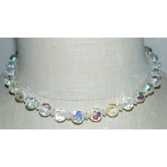 VTG Silver Tone Clear Aurora Borealis Crystal Necklace 15" - Picture 1 of 2